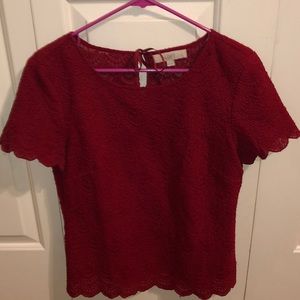 Red Scallop Detail Short Sleeve Blouse - LOFT